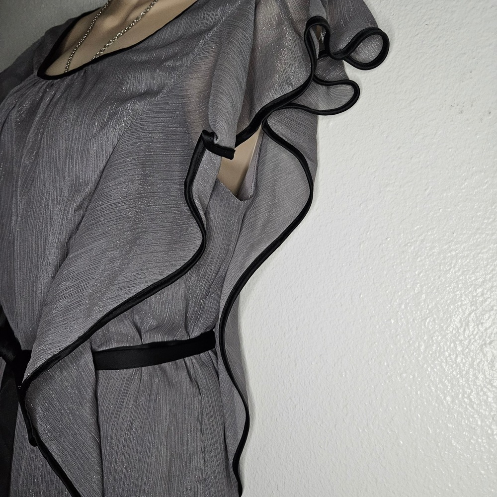 IZ Byer Metallic Silver Grey Ruffle Flutter Sleeve Blouse Satin Tie - Picture 3 of 7
